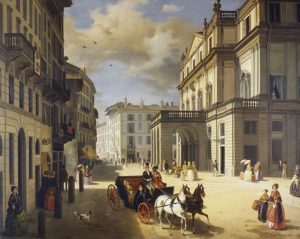 Milano, la facciata del teatro alla Scala.dipinto di Angelo Inganni, 1852